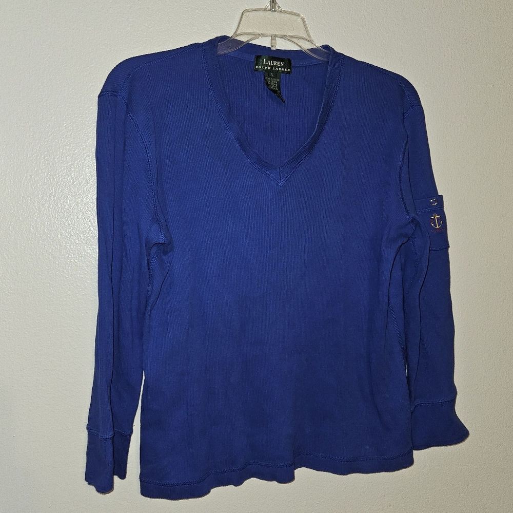 Lauren Ralph Lauren Royal Blue 3/4 Sleeve V-Neck Ribbed Top Size L Pocket Detail
